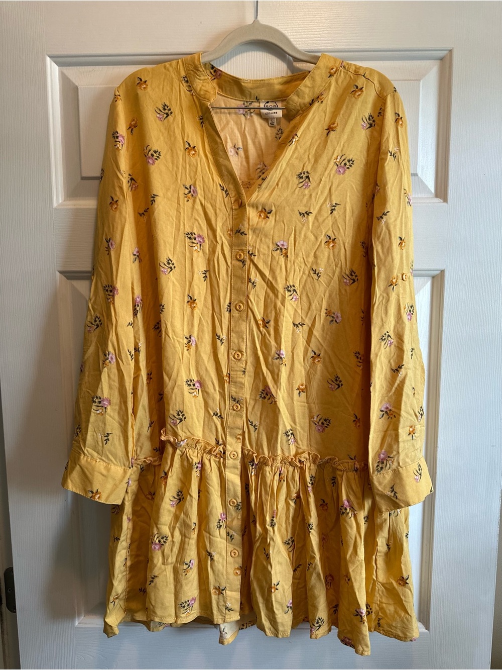 205 Collins Floral Yellow Drop Waist Ruffle Button Tunic Dress L Cottage Summer